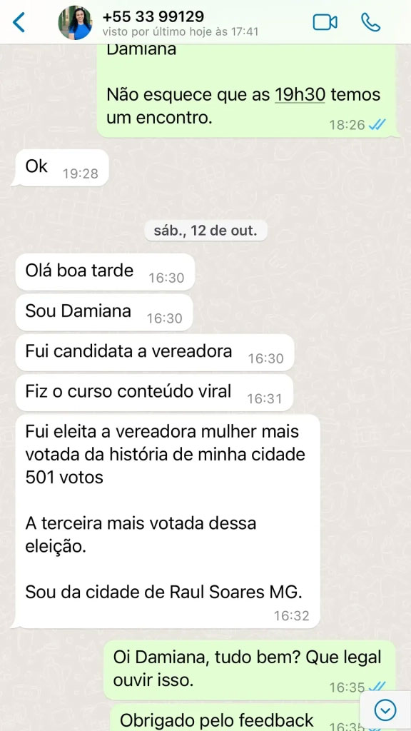 Damiana depoimento WhatsApp