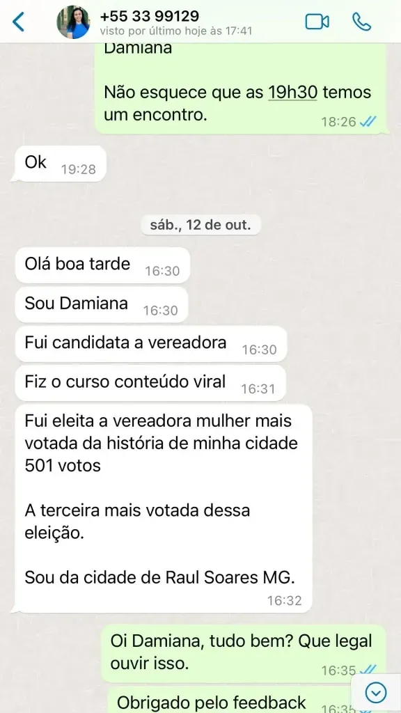 Damiana depoimento WhatsApp