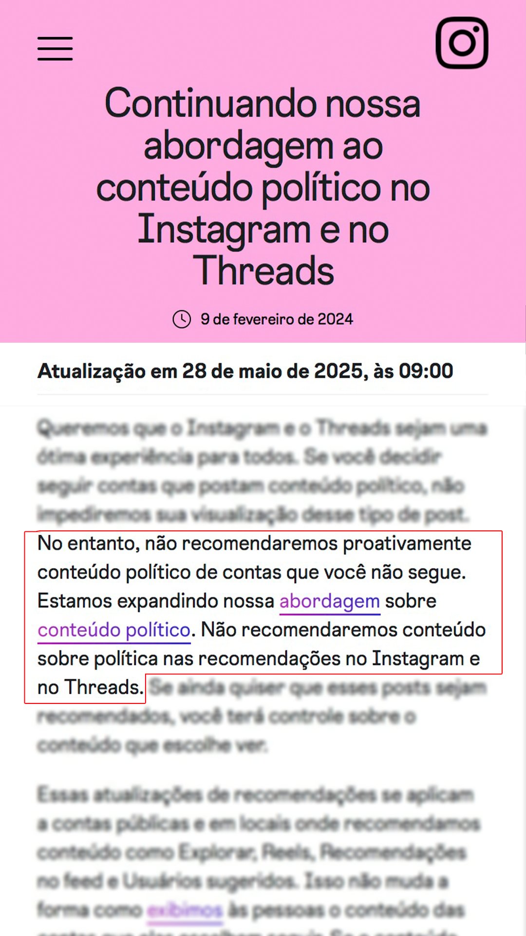 Central de transparência do Instagram confirmando boicote ao conteúdo político