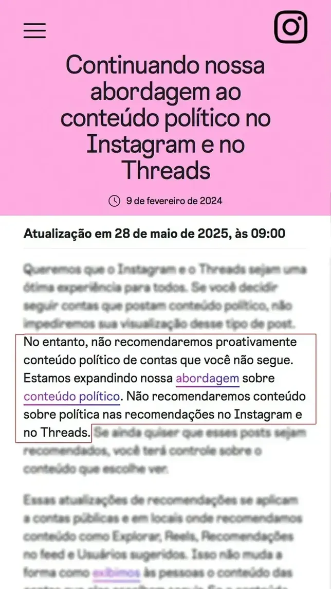 Central de transparência do Instagram confirmando boicote ao conteúdo político