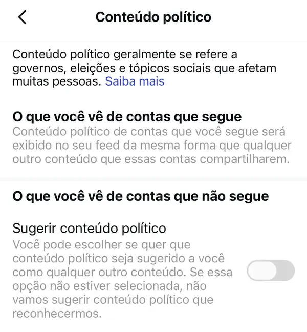 Configuração de conteúdo político no Instagram desativada por padrão