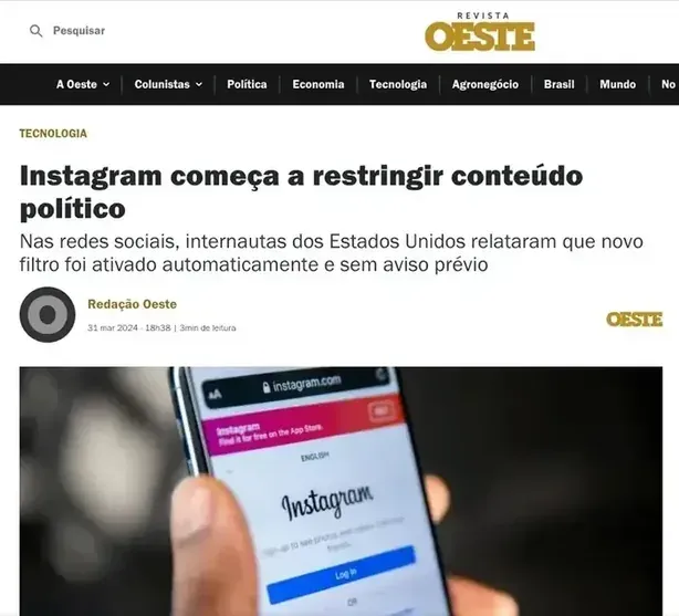 Revista Oeste: Instagram começa a restringir conteúdo político